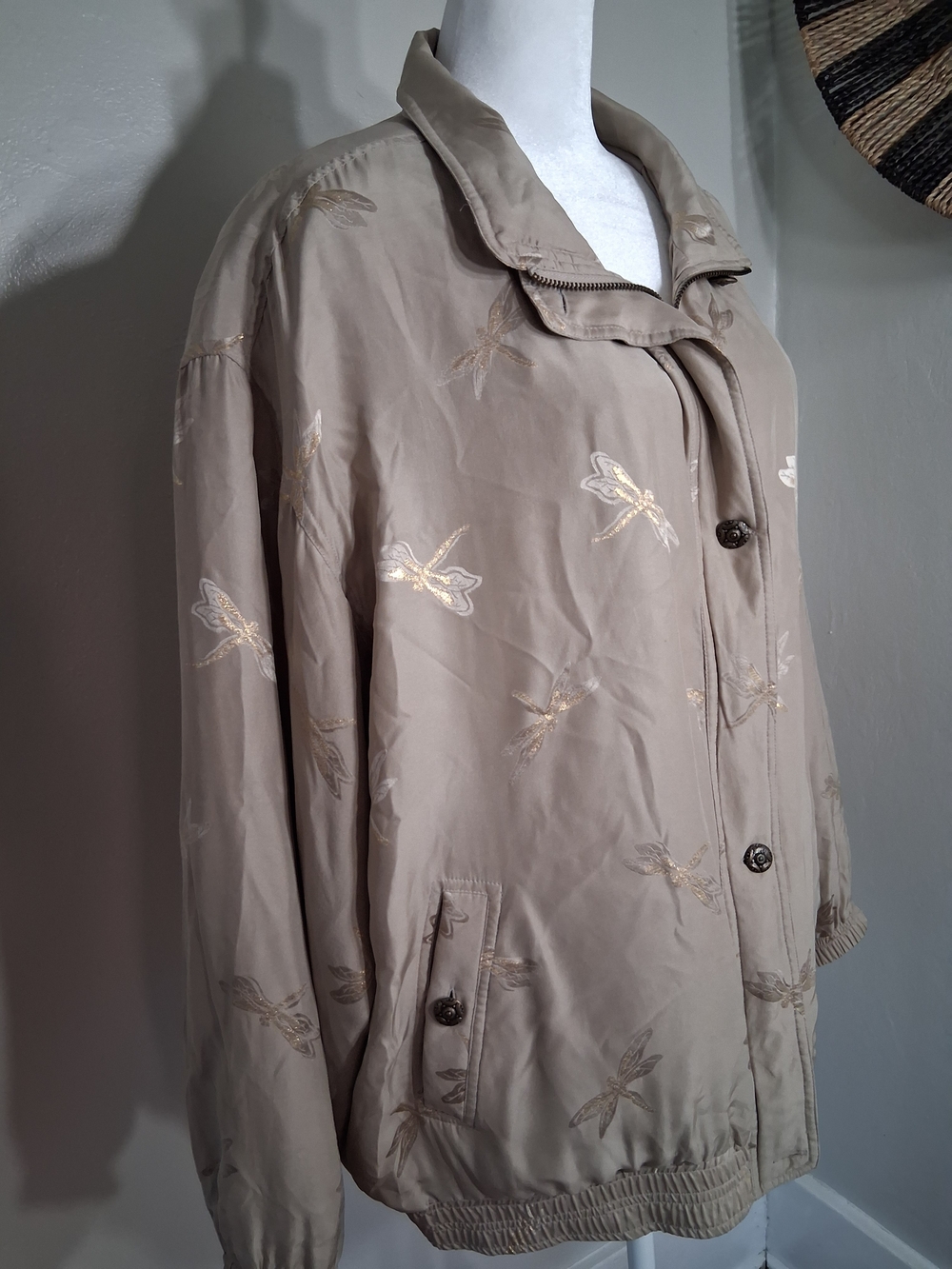 Beige Embroidered Dragonfly Bomber Jacket